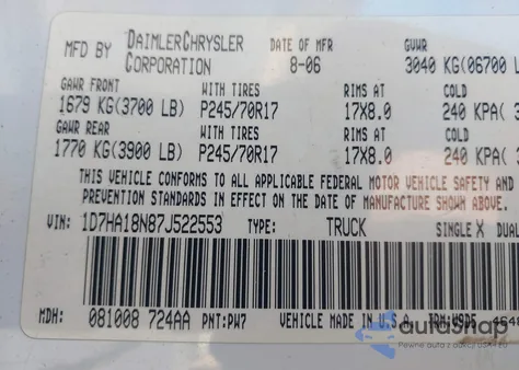 2007 Dodge Ram 1500 Slt из США, поврежденный, VIN 1D7HA18N87J522553